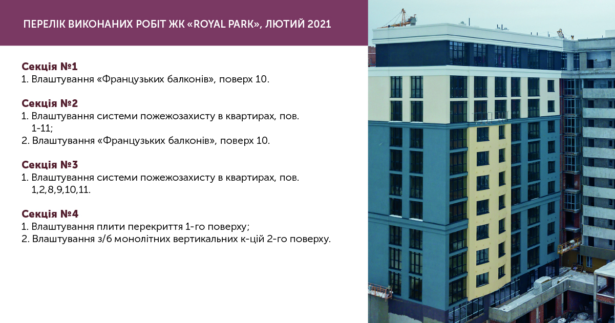 Информации о ходе работ ЖК “Royal Park” за февраль 2021
