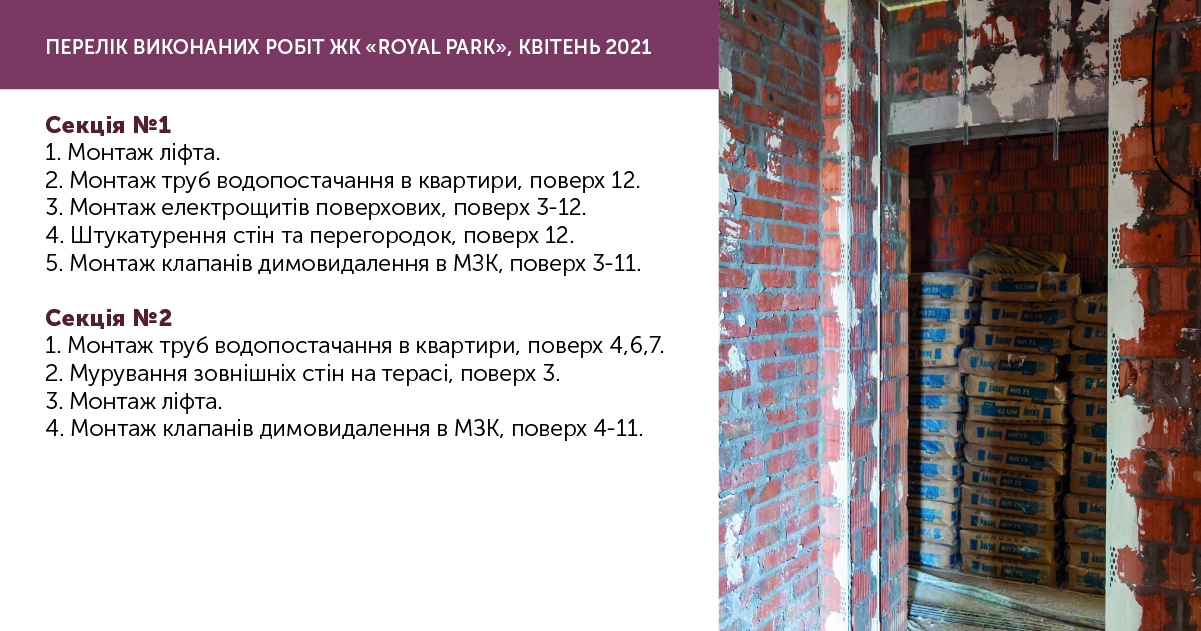 Информации о ходе работ ЖК “Royal Park” за апрель 2021