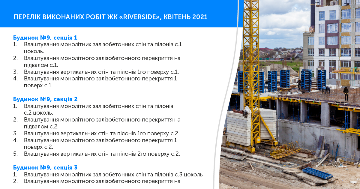 Информации о ходе работ ЖК “Riverside” за апрель 2021