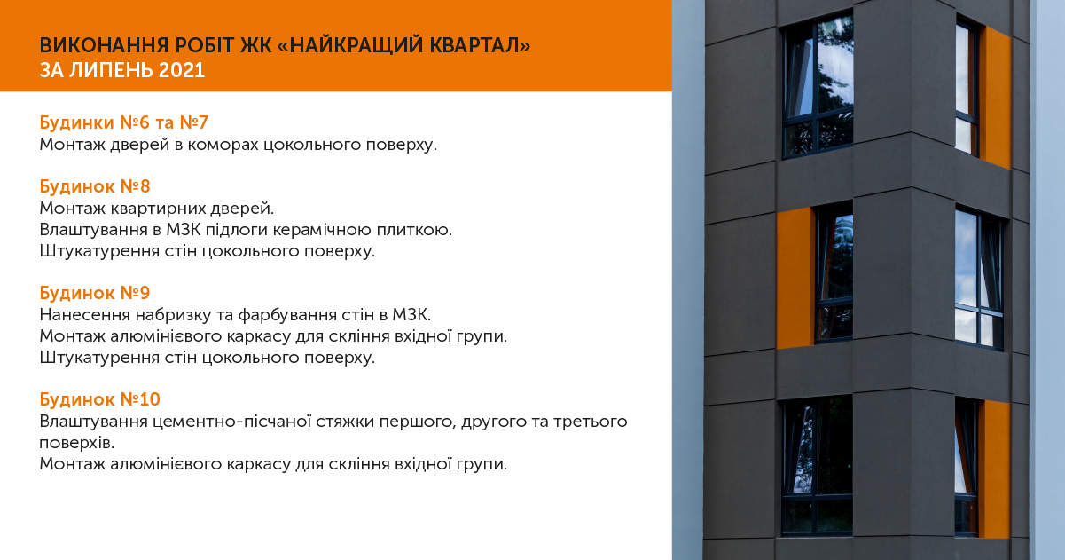 Информация о ходе работ ЖК “Найкращий Квартал” июль 2021