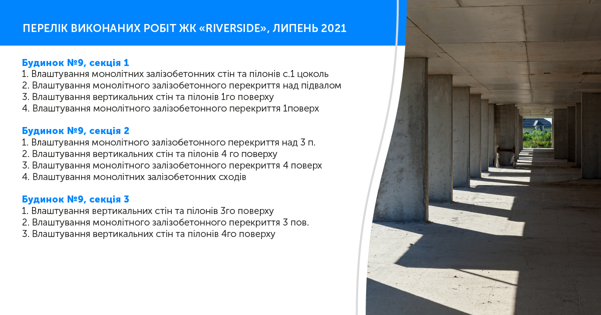 Информация о ходе работ ЖК “Riverside” июль 2021
