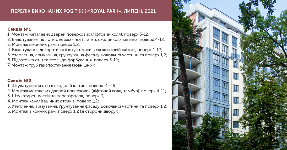 Інформація про хід робіт ЖК “Royal Park” липень 2021