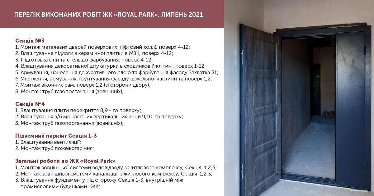 Information on the progress of work in the RC “Royal Park” July 2021
